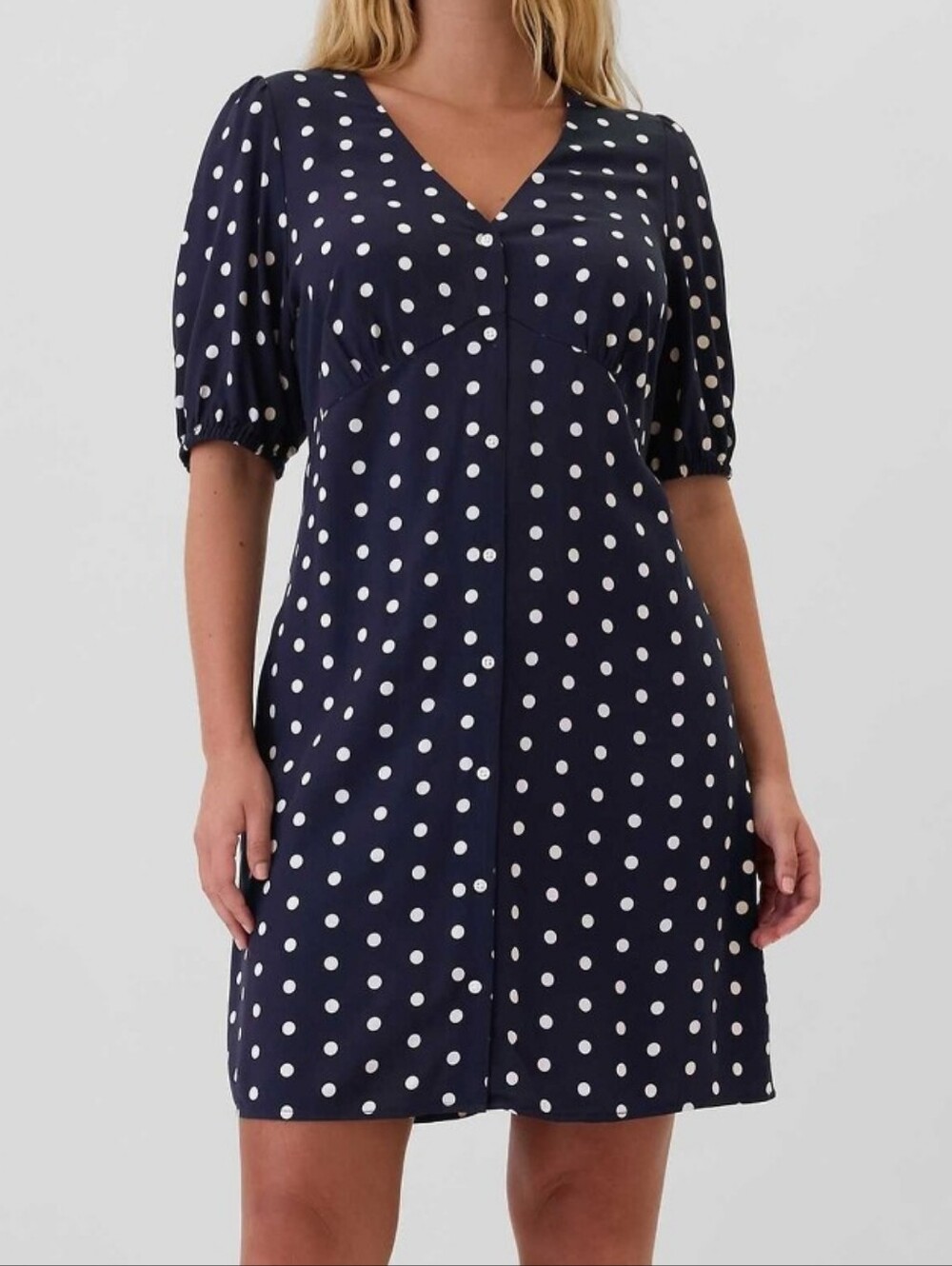 NWT GAP Navy White Polkadot Puff Sleeve Button Dress L